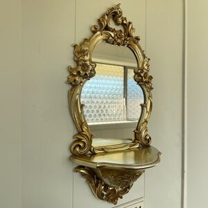 Vintage 1970s Syroco Gold Ornate Wall Mirror and Shelf Hollywood Regency Style